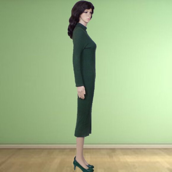 ROCOROSE size M forest-green knit bodycon long-sleeve turtleneck midi dress - Picture 3 of 13